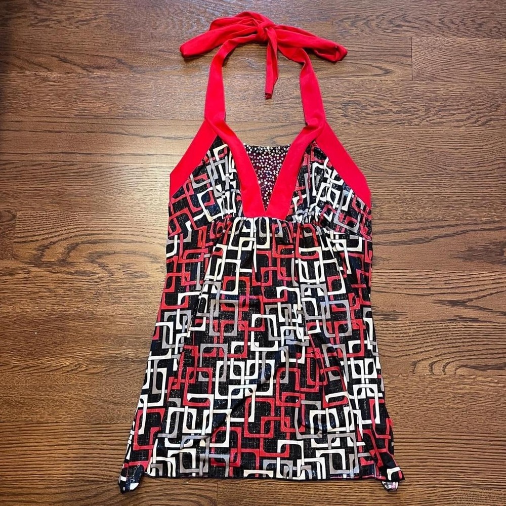 y2k black‎ and red shimmer sequin halter babydoll tank medium